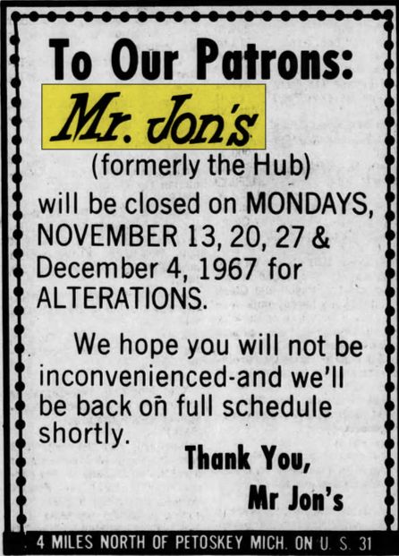 Mr. Jons (Hubs, Jonathans Landing, Just Between Friends, Shenanigans) - Nov 1967 Ad